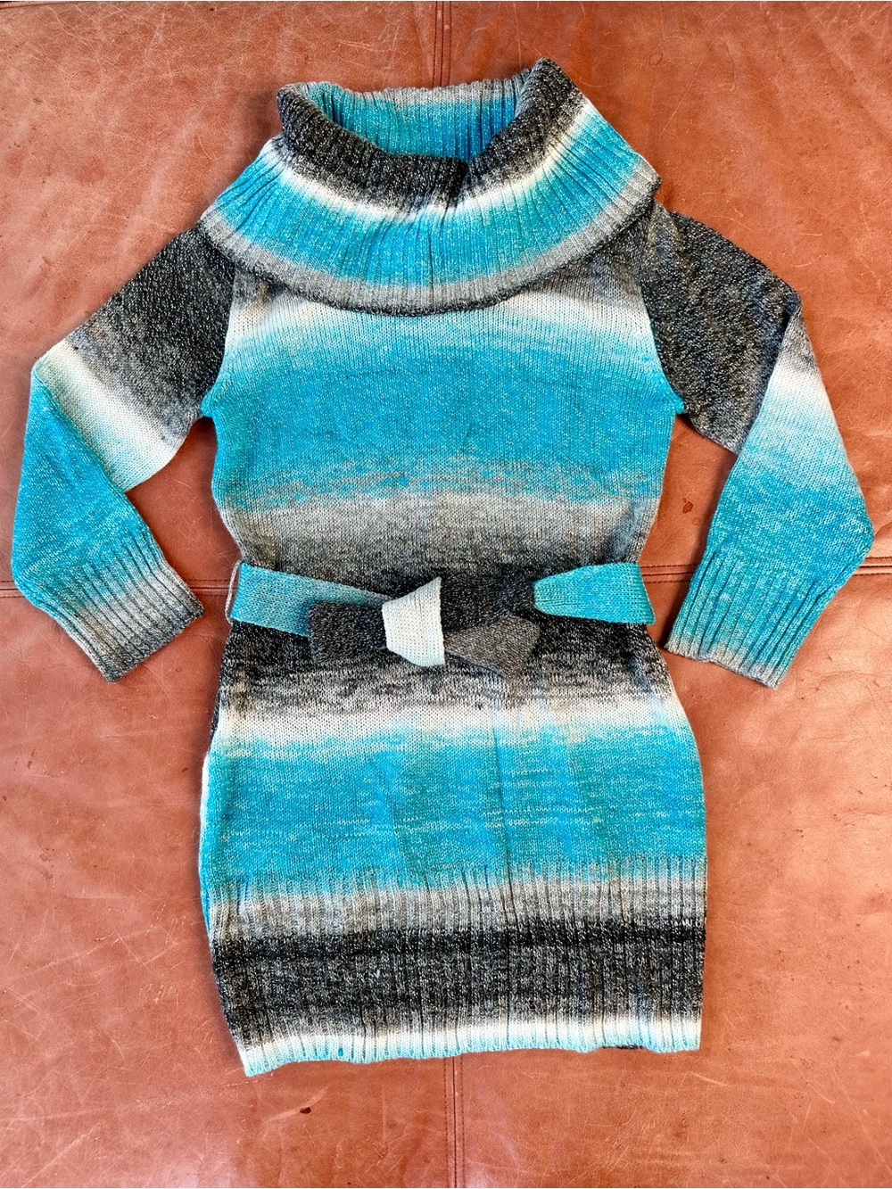 My Michelle Sparkly Blue Gray White Space Stripe Cowlneck Belted Tunic Sweater M